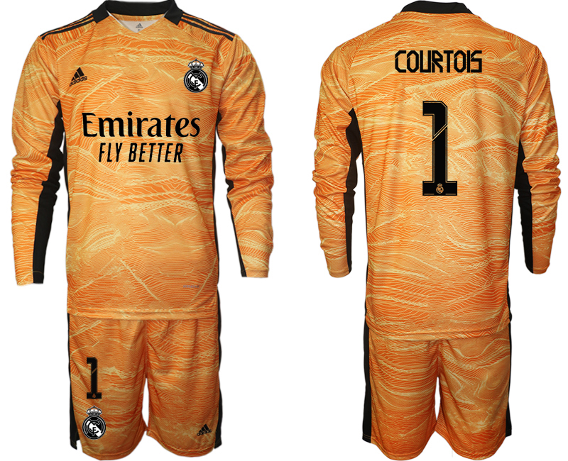 Men 2021-2022 Club Real Madrid orange yellow Long Sleeve goalkeeper #1 Soccer Jersey->real madrid jersey->Soccer Club Jersey